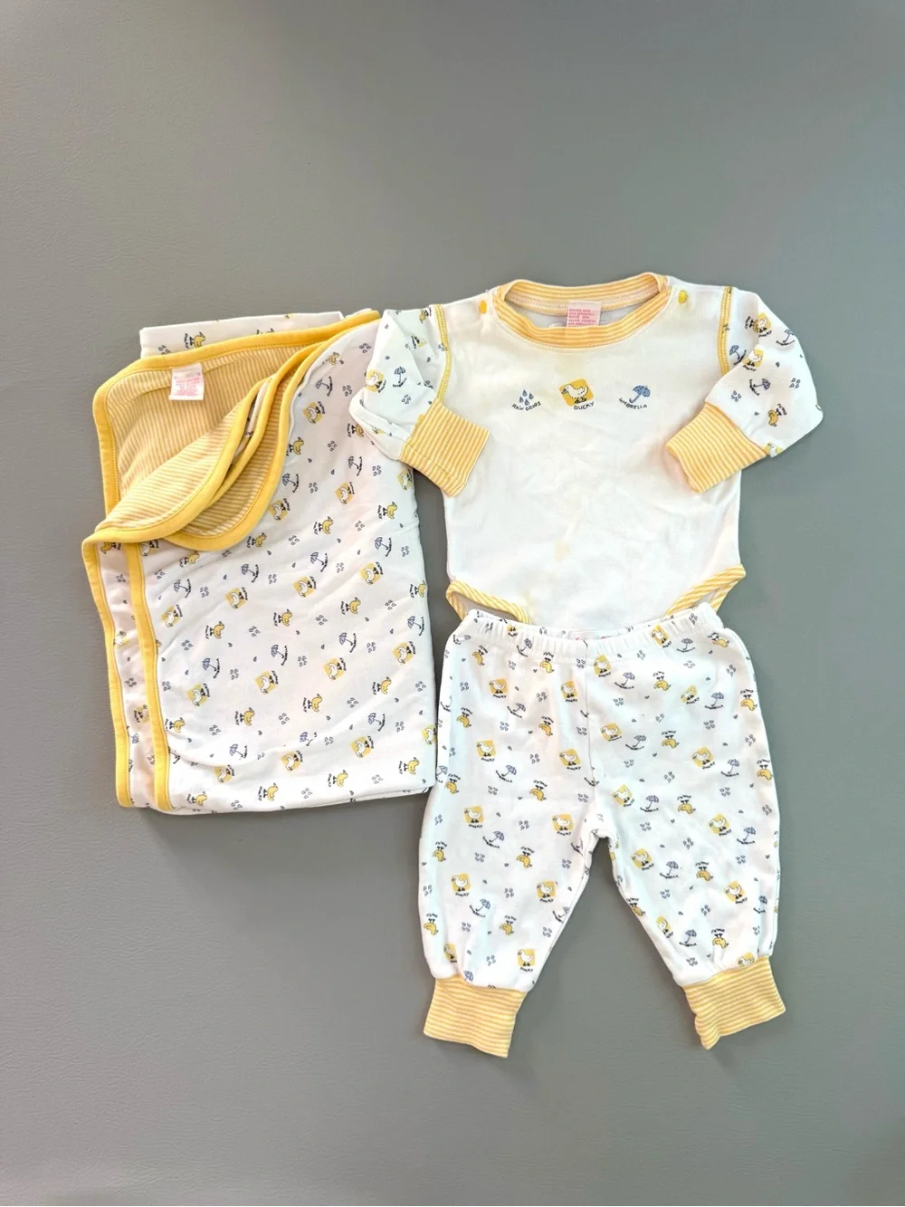 Vintage Gymboree Rainbow Tag Yellow Duck Picnic Blanket & Onesie Pants Set